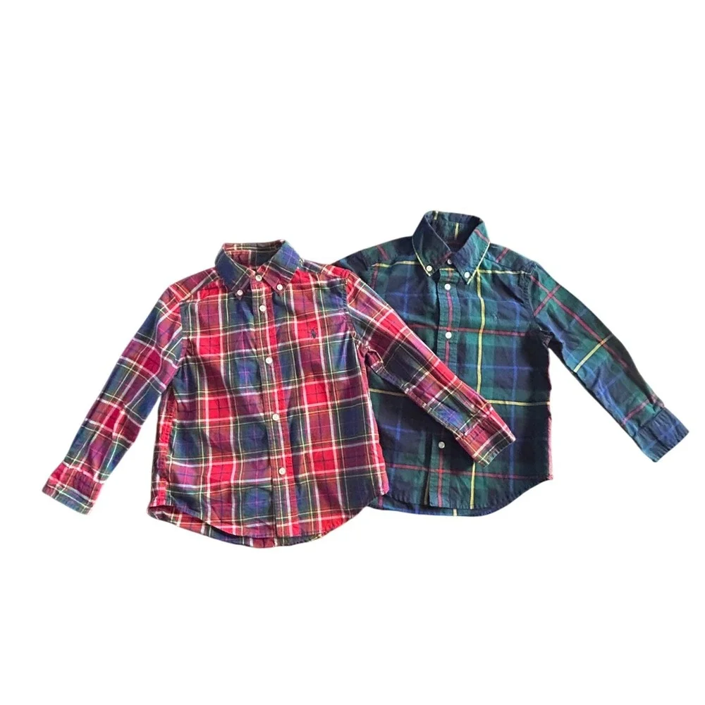 Ralph Lauren Bundle Set Kids Plaid Button Down Shirt 3T Red Blue Green Classic